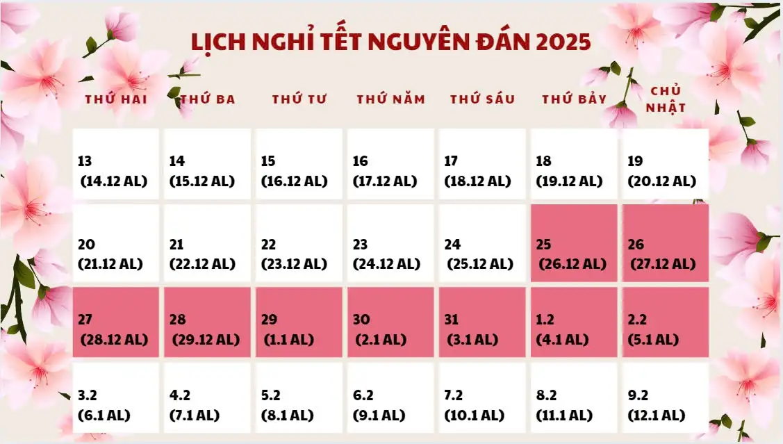 Cập nhật lịch nghỉ Tết nguyên đán 2025 Cập nhật lịch nghỉ Tết nguyên đán 2025